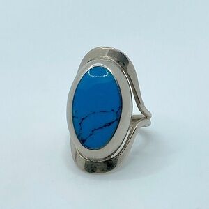 Vtg TURQUOISE Silver Ring Oval Shape Modern Mexico Style Sz 7.25